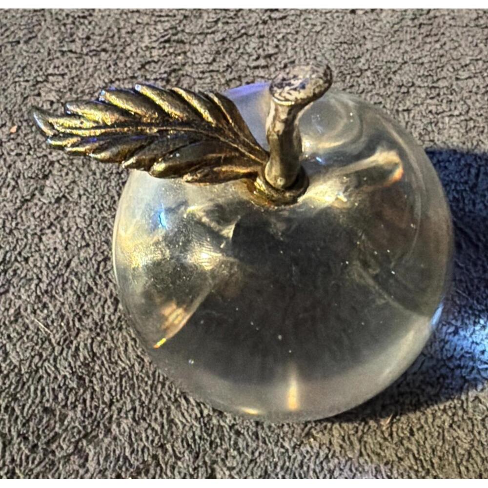 Vintage Clear Apple w/ Stem Glass Paperweight Art Glass 3” High x 3” Wide